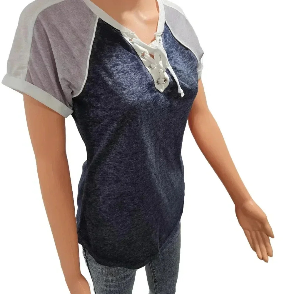 Navy and White Lace-Up Casual Top - Picture 3 of 10